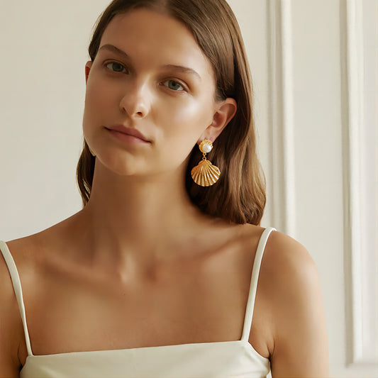 Gold Double Seashell Pearl Earrings