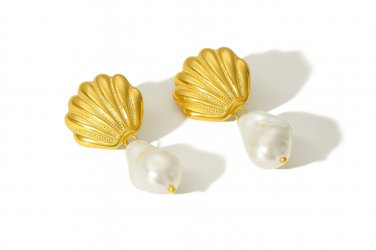 Gold Summer Seashell Pearl Drop Earrings