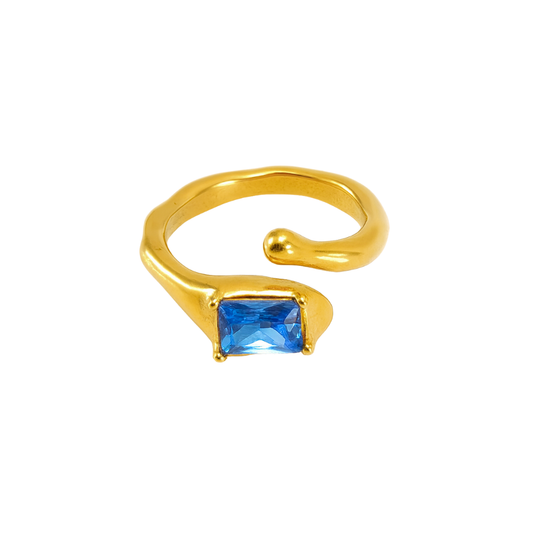 Unique Ring with Blue Crystal in 18k Gold Plated Stainless Steel