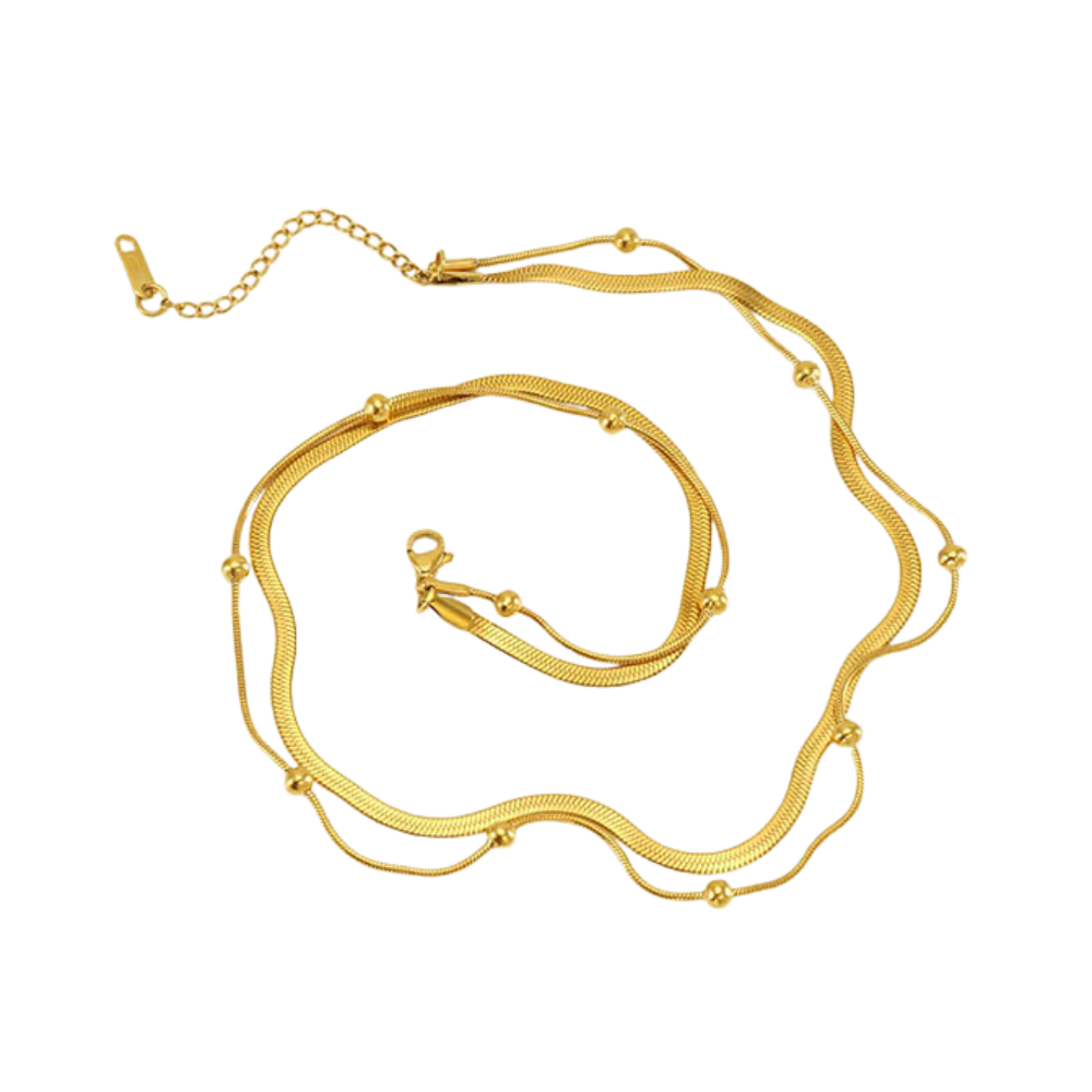 18K Gold-Plated Stainless Steel Double-Layer Necklace with Bead & Flat Snake Chain