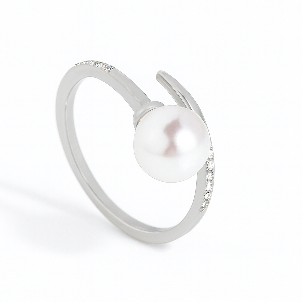 Silver Open Pearl & Zircon Ring
