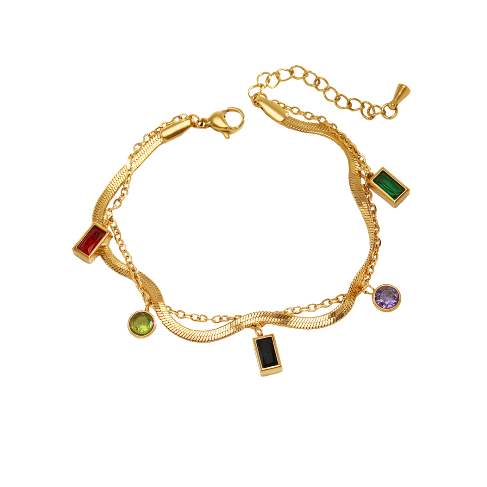 Double Chain Colorful Zircon Charm Bracelet 18K Gold Plated Stainless Steel