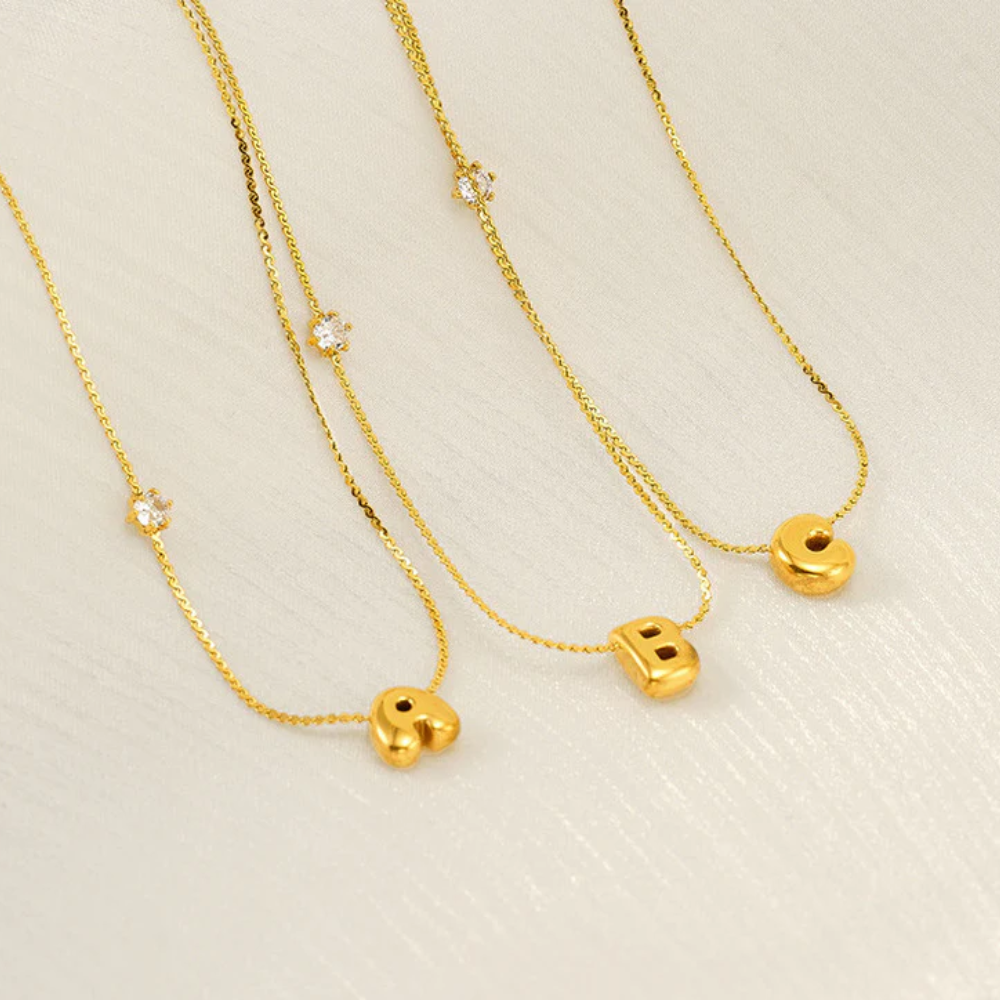 18K Gold-Plated Stainless Steel Necklace with Balloon Letter Pendant & Zircon Detail