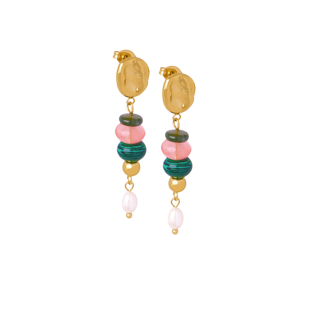 Green and Pink Gemstone Pearl Drop Stud Earrings 18K Gold Plated Stainless Steel