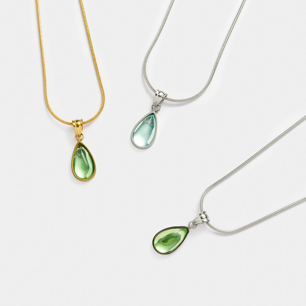 Silver Necklace with Translucent Green Water-Drop Pendant