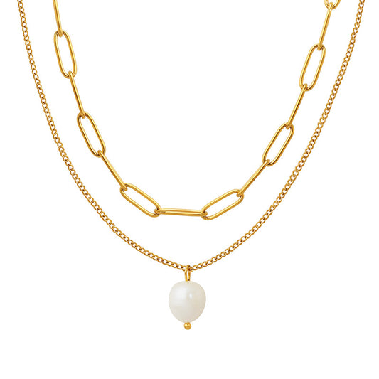 Gold Freshwater Pearl Double Layer Paperclip Necklace