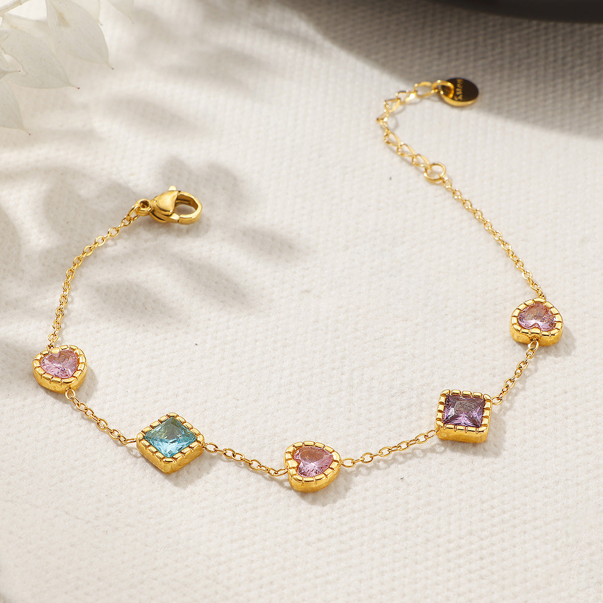 Colorful Heart & Square Zircon Bracelet 18K Gold Plated Stainless Steel