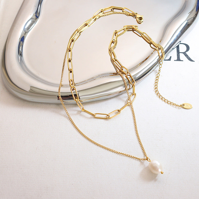 Gold Freshwater Pearl Double Layer Paperclip Necklace