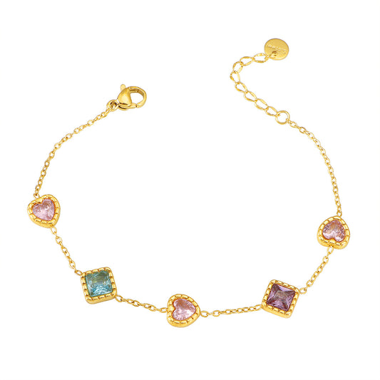Colorful Heart & Square Zircon Bracelet 18K Gold Plated Stainless Steel