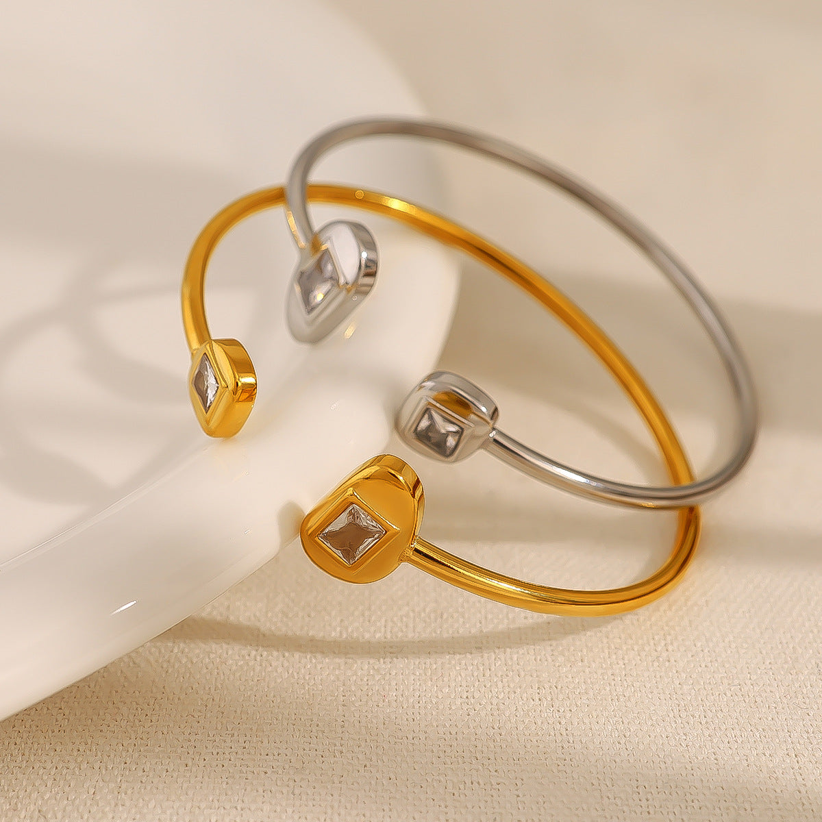 Zircon Open Bangle Silver Plated Stainless Steel