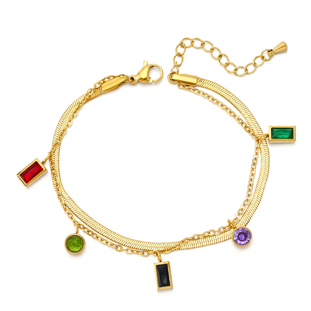 Double Chain Colorful Zircon Charm Bracelet 18K Gold Plated Stainless Steel