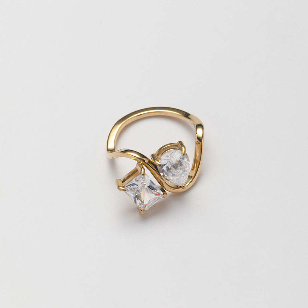 Gold Plated Square & Teardrop Zircon Ring