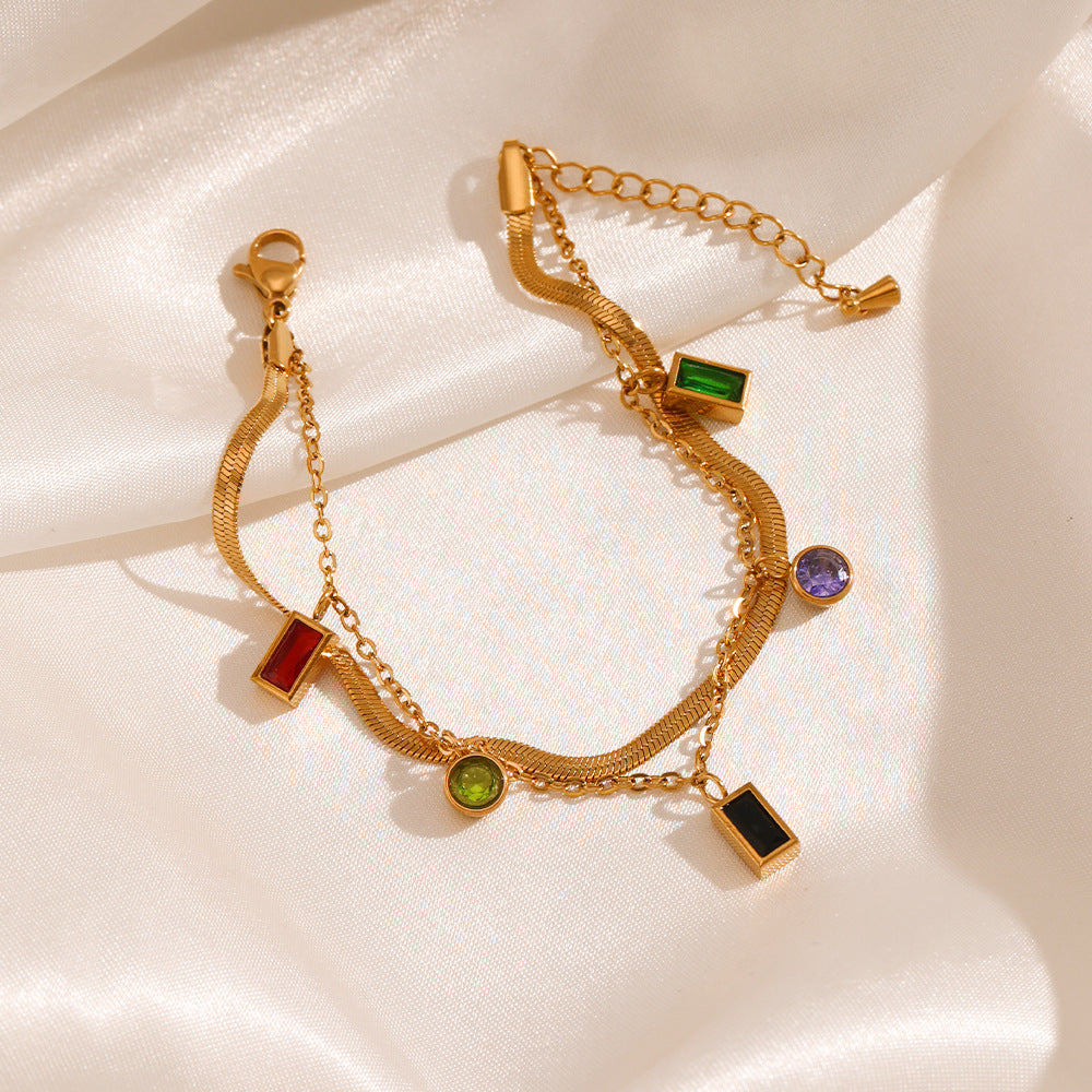 Double Chain Colorful Zircon Charm Bracelet 18K Gold Plated Stainless Steel