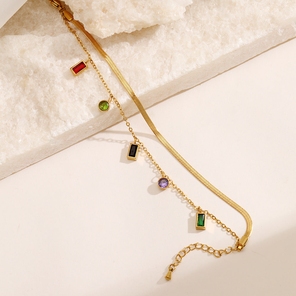 Double Chain Colorful Zircon Charm Bracelet 18K Gold Plated Stainless Steel