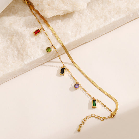 Double Chain Colorful Zircon Charm Bracelet 18K Gold Plated Stainless Steel