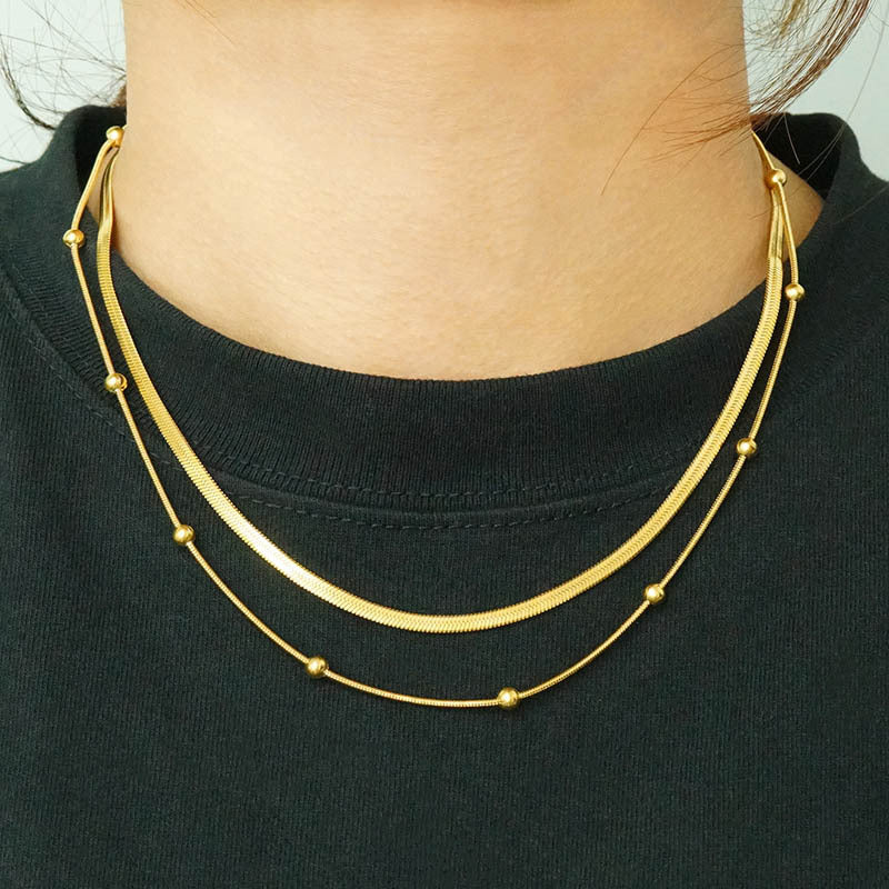 18K Gold-Plated Stainless Steel Double-Layer Necklace with Bead & Flat Snake Chain