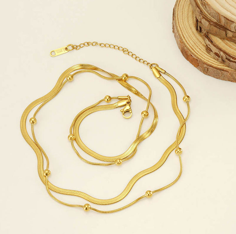 18K Gold-Plated Stainless Steel Double-Layer Necklace with Bead & Flat Snake Chain