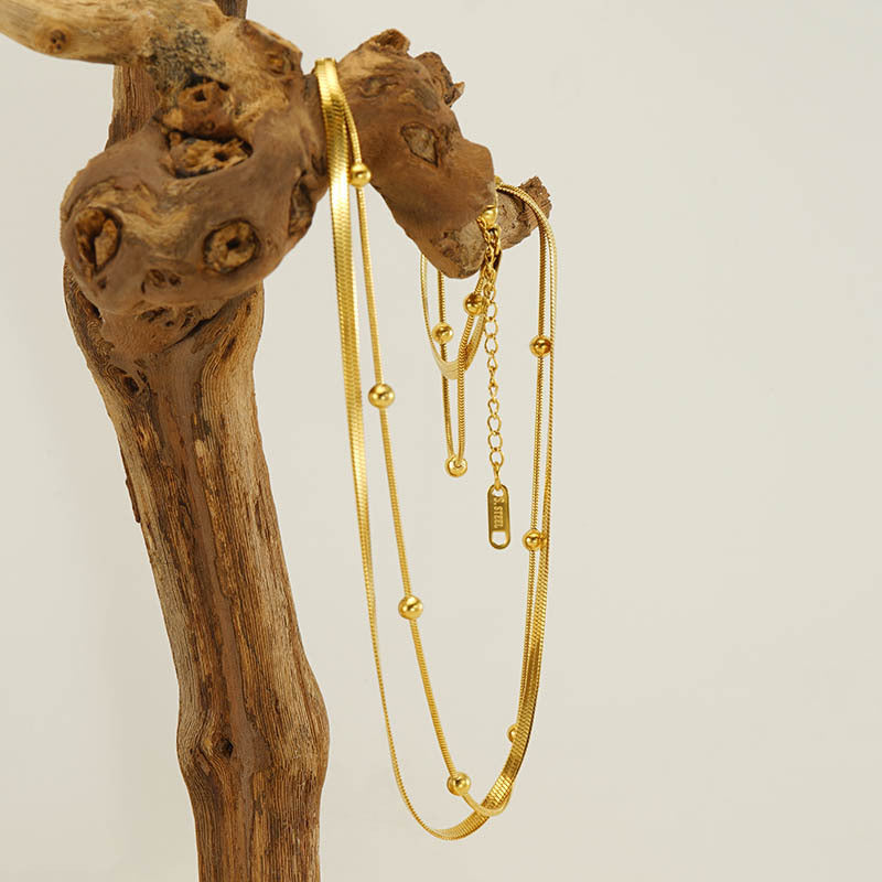 18K Gold-Plated Stainless Steel Double-Layer Necklace with Bead & Flat Snake Chain