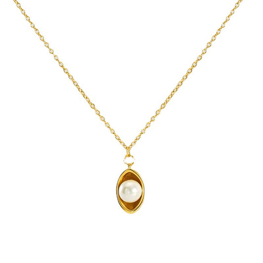 18K Gold-Plated Stainless Steel Necklace with Gold and Pearl Pendant