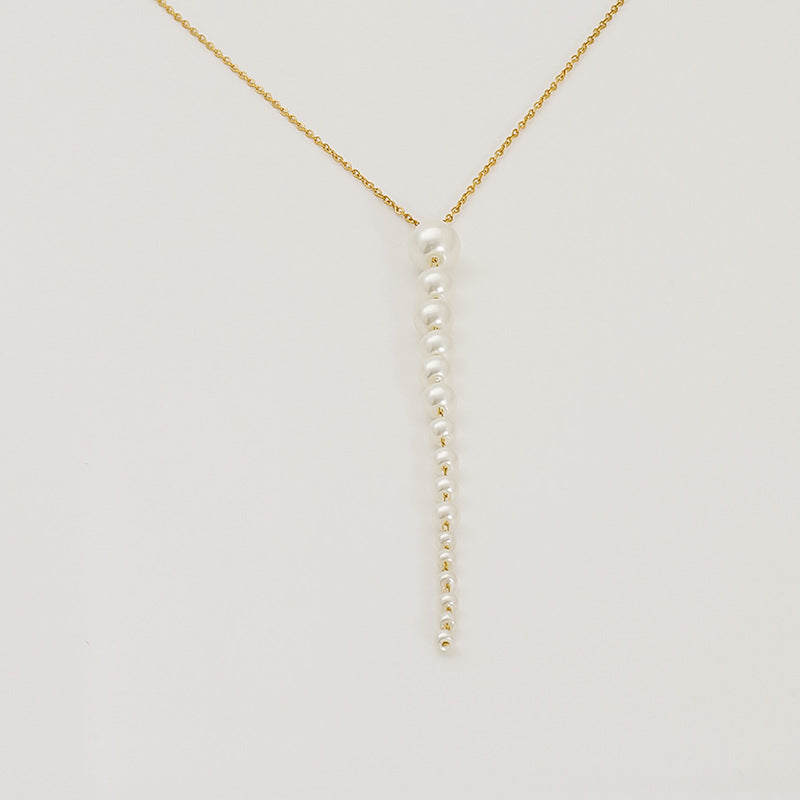 Necklace with Long Pearl Pendant in 18k Gold-Plated Stainless Steel