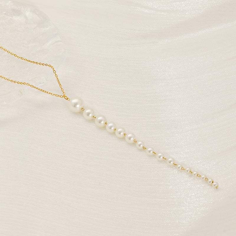 Necklace with Long Pearl Pendant in 18k Gold-Plated Stainless Steel
