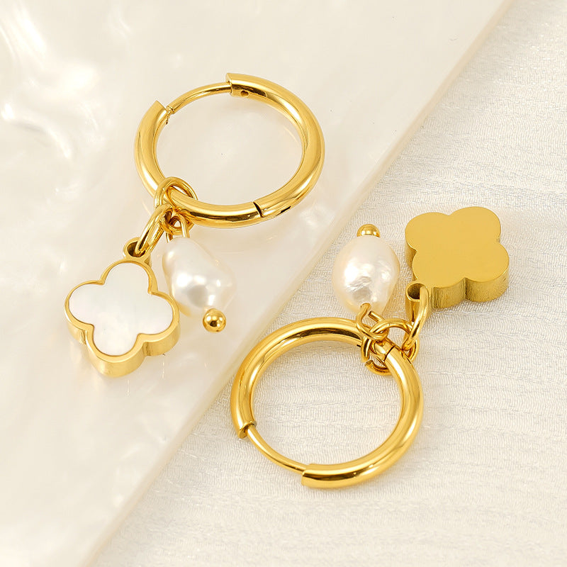 Clover Pearl Drop Earrings in 18k Gold-Plated Stainless Steel