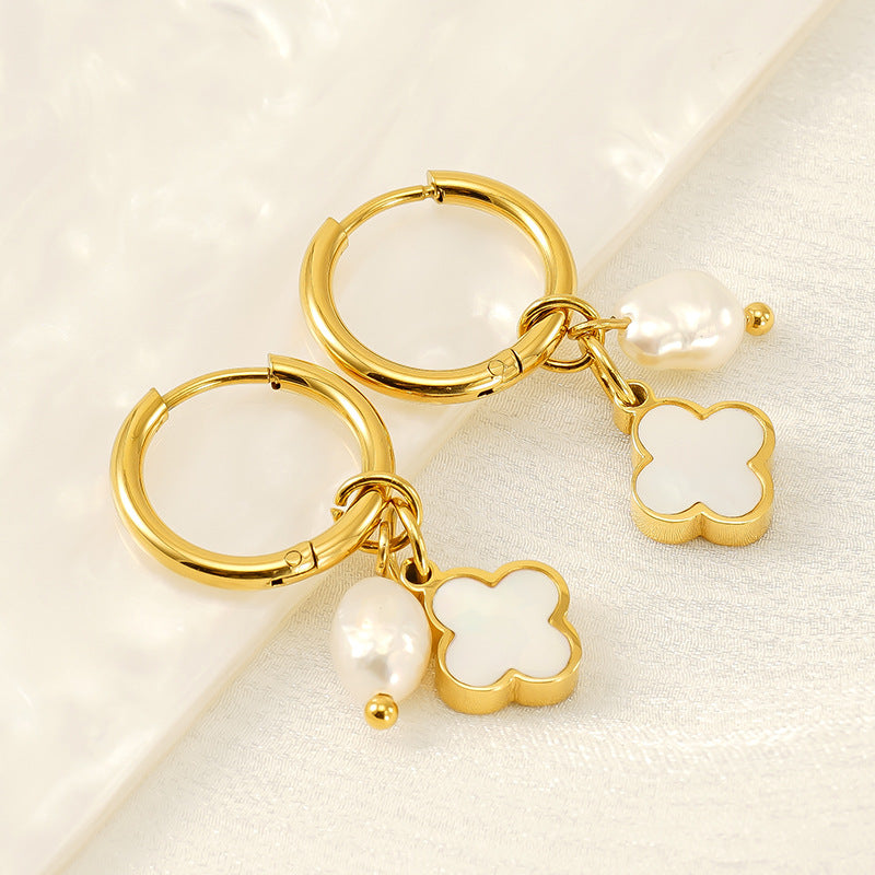 Clover Pearl Drop Earrings in 18k Gold-Plated Stainless Steel