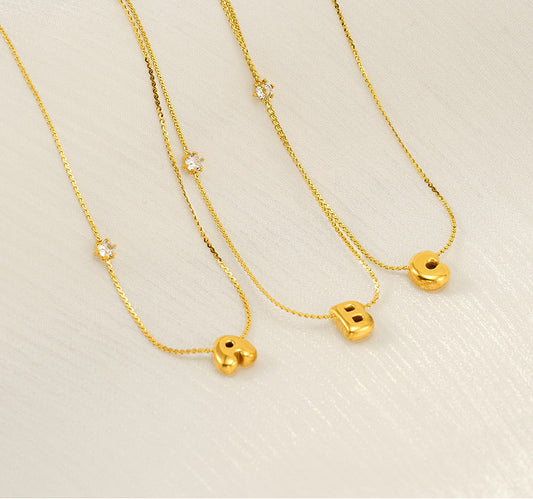 18K Gold-Plated Stainless Steel Necklace with Balloon Letter Pendant & Zircon Detail