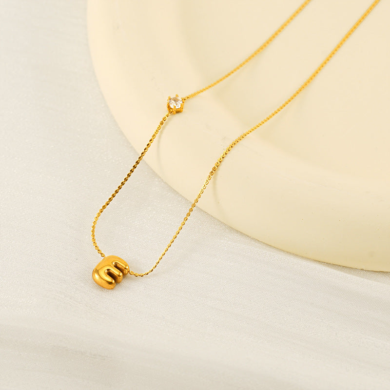18K Gold-Plated Stainless Steel Necklace with Balloon Letter Pendant & Zircon Detail