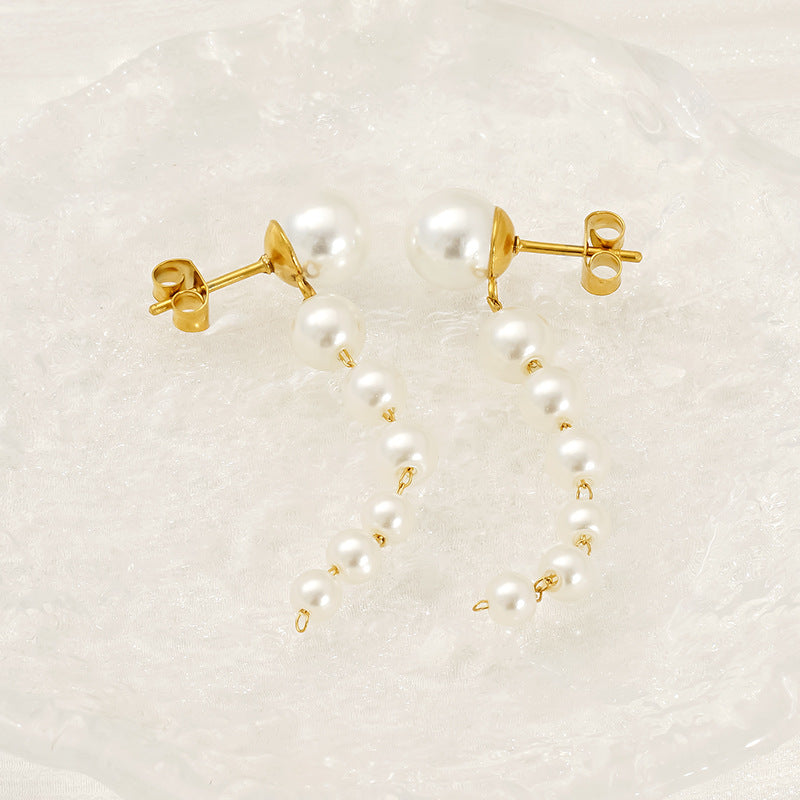 Pearl Tassel Drop Earrings in 18k Gold-Plated Stainless Steel