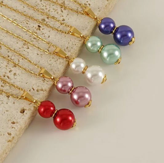 18K Gold-Plated Stainless Steel Double-Pearl Pendant Necklace