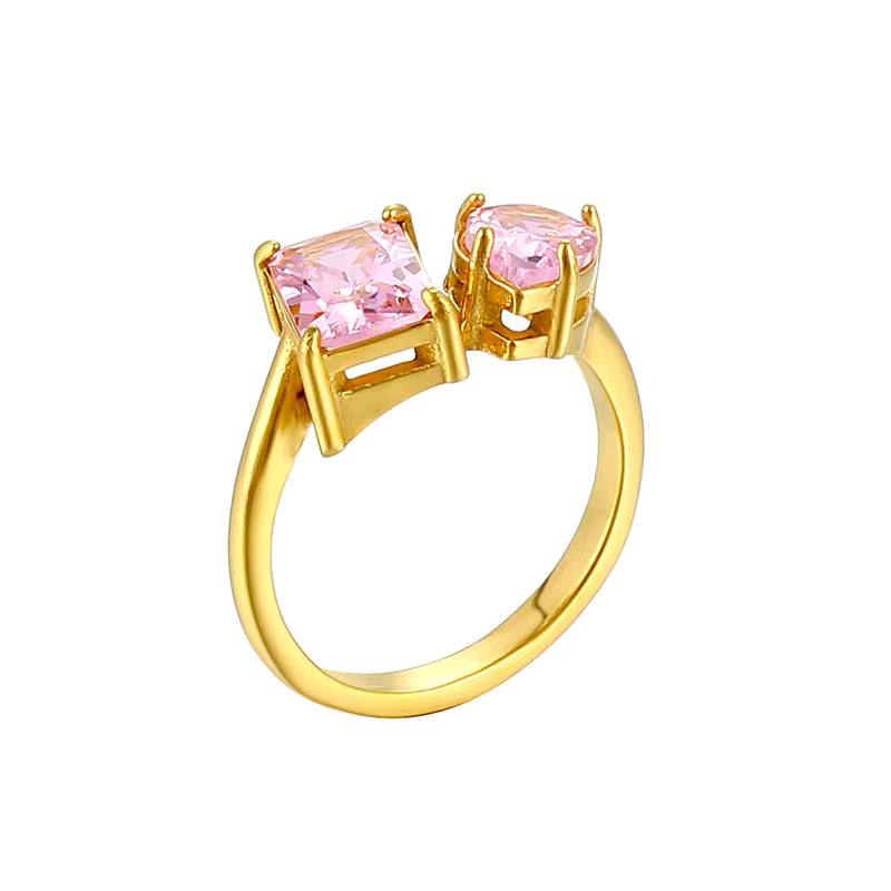 Double Pink Zircon Gold Ring 18K Gold Plated Stainless Steel