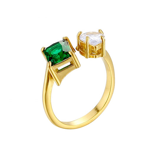 Green & Clear Zircon Gold Ring 18K Gold Plated Stainless Steel