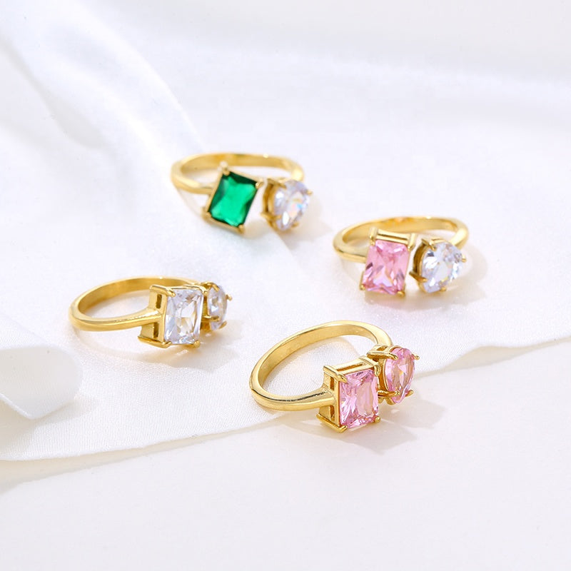 Clear Duo Zircon Gold Ring 18K Gold Plated Stainless Steel