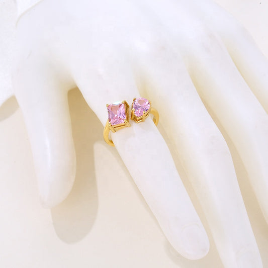 Double Pink Zircon Gold Ring 18K Gold Plated Stainless Steel