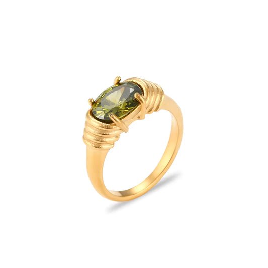 Green Zircon Gold Ring 18K Gold Plated Stainless Steel