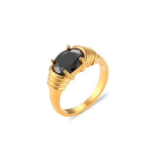 Black Zircon Gold Ring 18K Gold Plated Stainless Steel