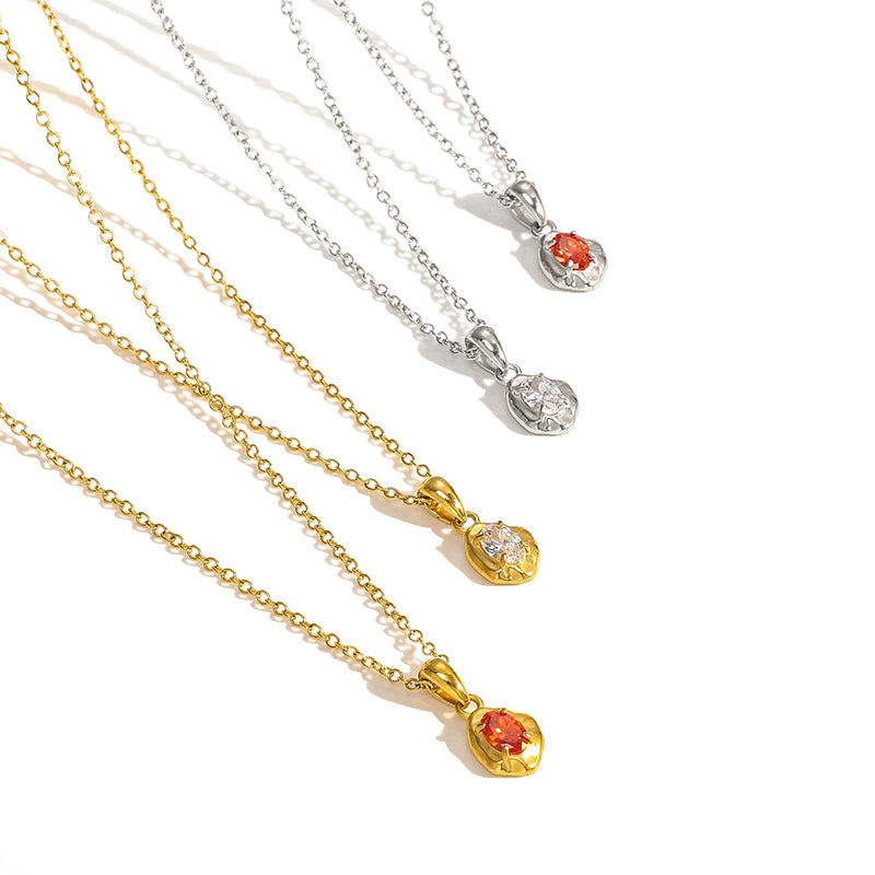 Orange Zircon Pendant Necklace 18K Gold Plated Stainless Steel