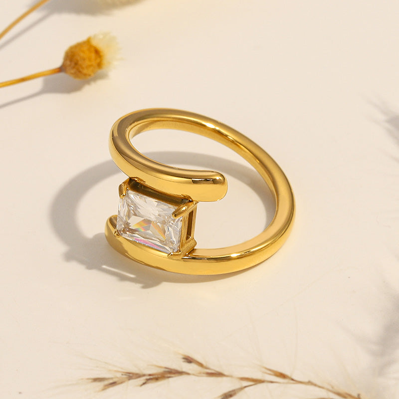 Unique Square Stone Gold Ring 18K Gold Plated Stainless Steel