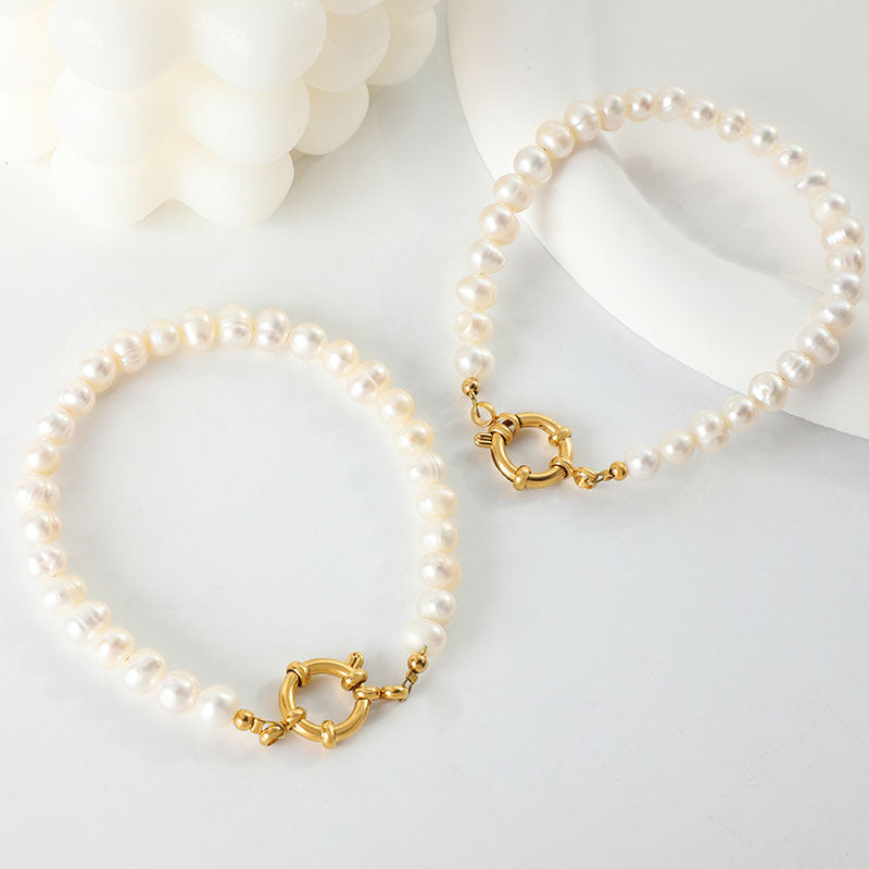 Freshwater Pearl Bracelet with Gold OT Clasp 18K Gold Plated Stainless Steel