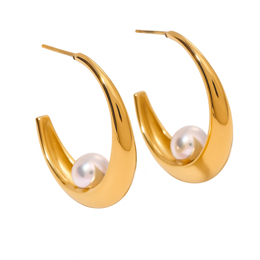 Unique Sculpted Pearl Hoop Earrings 18K Gold Plated Stainless Steel
