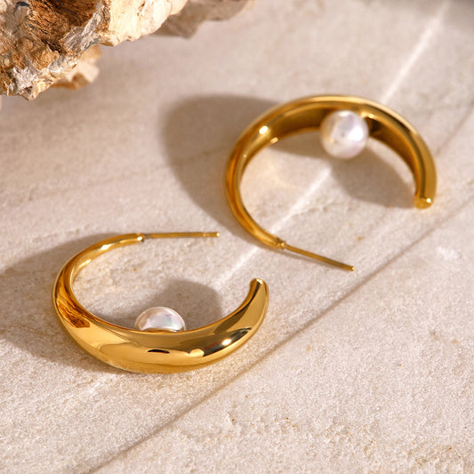 Unique Sculpted Pearl Hoop Earrings 18K Gold Plated Stainless Steel