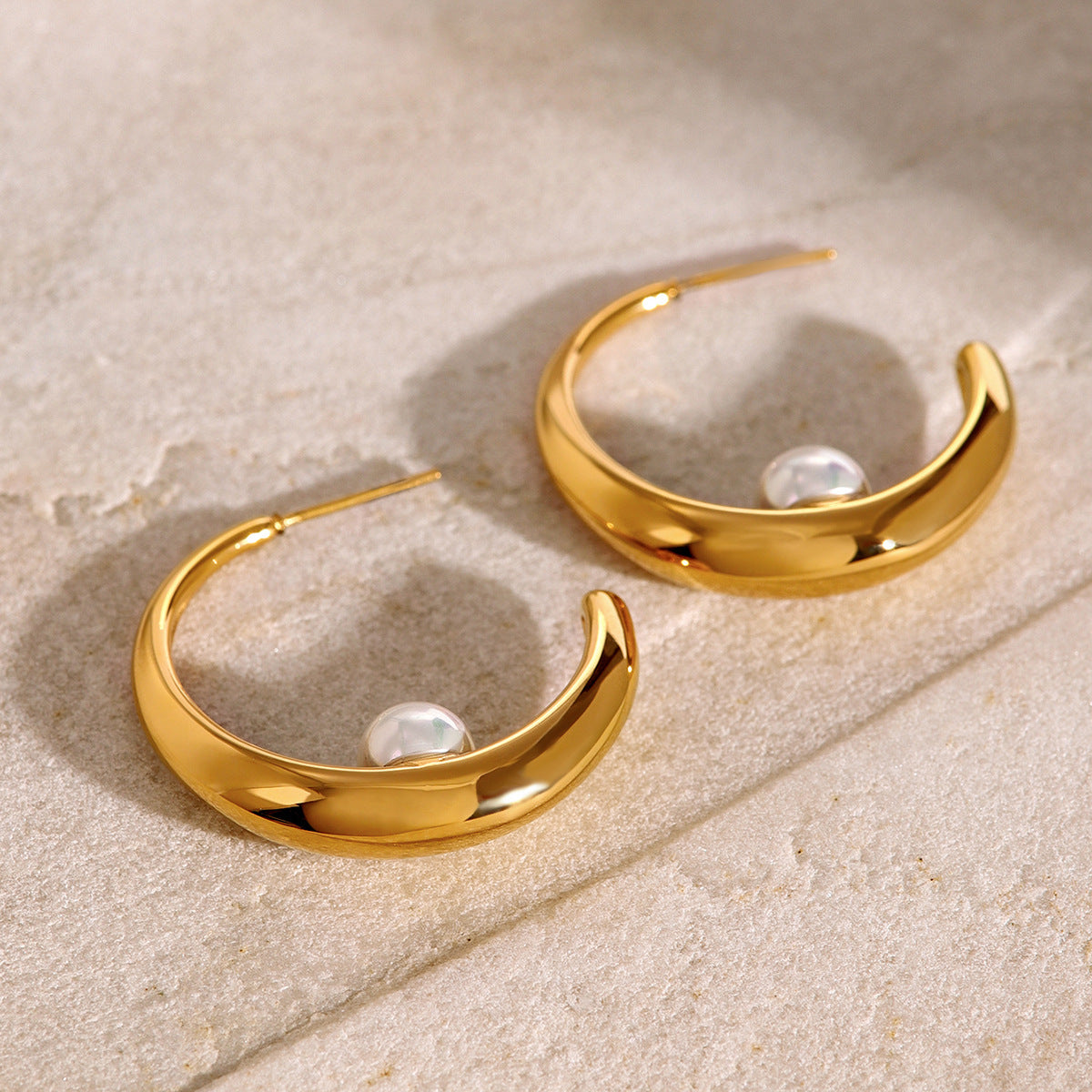 Unique Sculpted Pearl Hoop Earrings 18K Gold Plated Stainless Steel