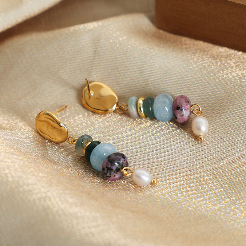 Blue and Purple Gemstone Pearl Drop Stud Earrings 18K Gold Plated Stainless Steel