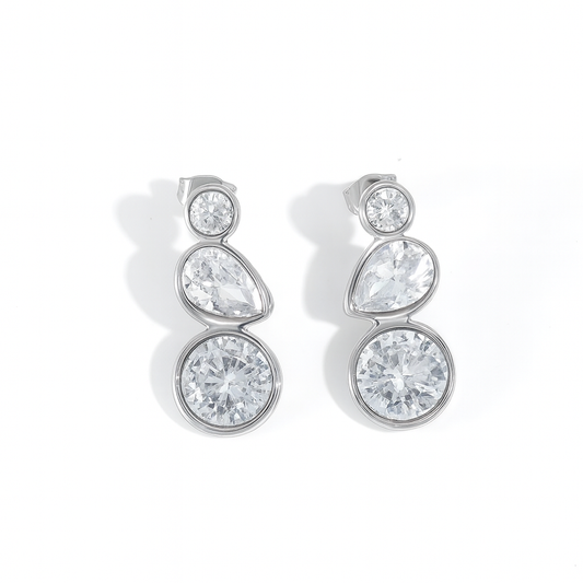 Silver Triple Zircon Drop Earrings