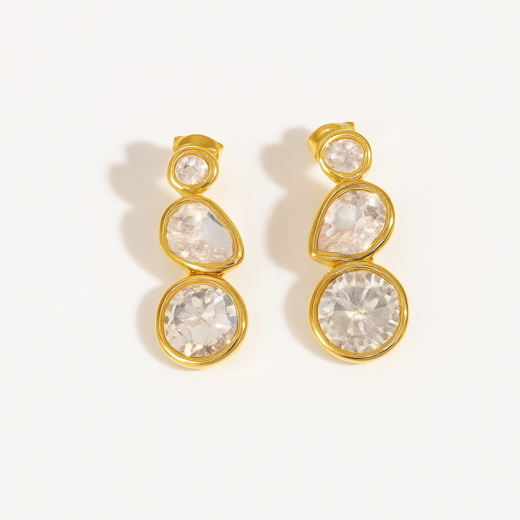 Gold Triple Zircon Drop Earrings
