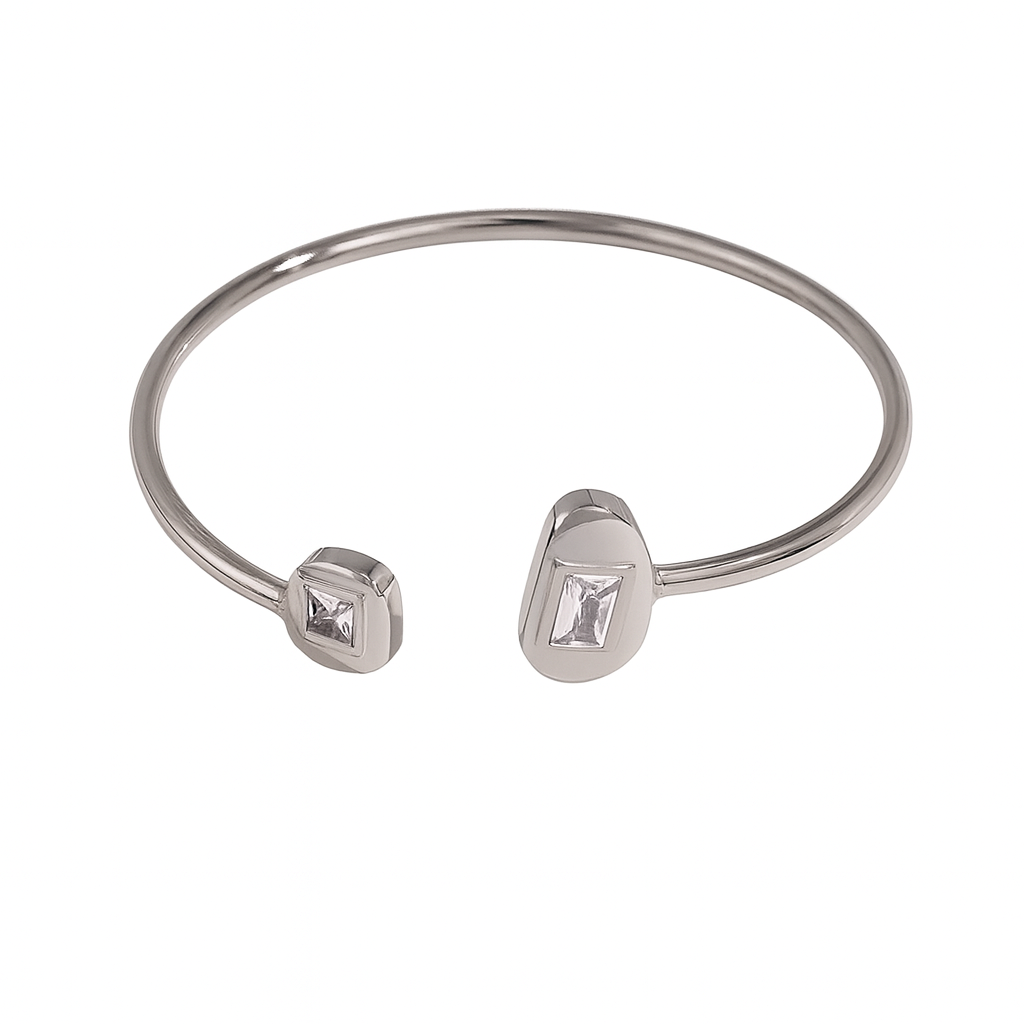 Zircon Open Bangle Silver Plated Stainless Steel