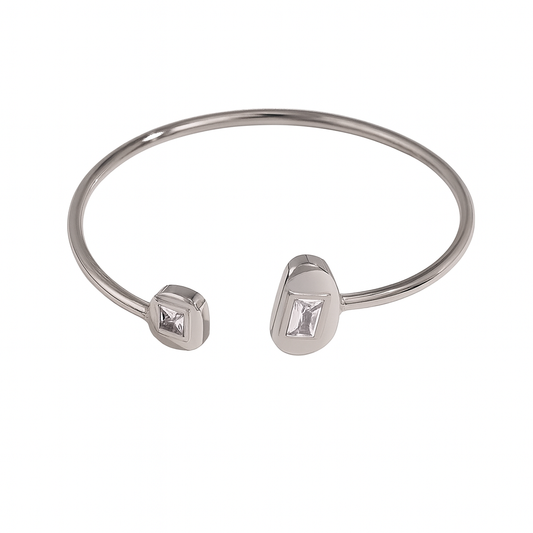 Zircon Open Bangle Silver Plated Stainless Steel